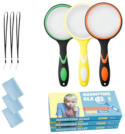 Jiayaus 3PCS Magnifying Glass, 10X Handheld Kids Magnifying Glasses with Rope and Cloth, 75mm Magnify Glass Lens with Non-Slip Handle, Reading Magnifier for Seniors, Hobby, Science, Insects