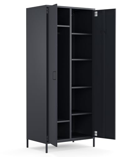 furni24 Metallschrank – Retro Garderobenschrank mit Kleiderstange – Robuste Aufbewahrungslösung mit verstellbaren Ablagen– Ideal für Schlafzimmer, Flur, Büro- Kleiderschrank mit 2 Türen, Anthrazit