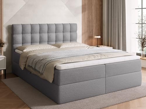BROMARKT Boxspringbett 160x200cm mit Topper und Bettkasten H3 Grau | Doppelbett für Schlafzimmer mit Bonell Matratze Stauraum und gepolsterte Kopfstütze Bett Bed Einzelbett Federkern DETROIT