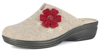 inblu Femme Pantofole Donna Con Applicazione Fiorata, Leggera Zeppa E Plantare in Vera Pelle Chausson, Sable, 40 EU