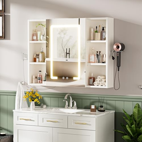 Ztexkee Armoire Murale Salle de Bain avec Miroir Éclairage LED Armoire Miroir avec Fonction Antibuée Armoire de Toilette avec 5 Étagère Réglable, Support Sèche-Cheveux 80x15x60 cm