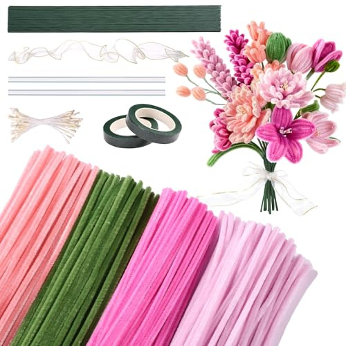Kesote Pfeifenreiniger Blumen Set, 400x Pfeifenputzer zum Basteln Rosa | 4 Farbe Pipe Cleaner, mit Blumendraht, DIY Blumenstrauß Tulip Flower, Bastelset Weihnachten Geschenk Dekoration