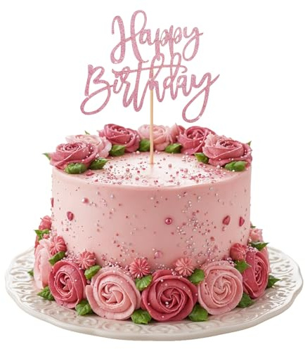 Pink Happy Birthday Cake Topper,Glitter Happy Birthday Cake Decorations for Girls Women,Celebrating Anniversary Theme Party Decorations Supplies