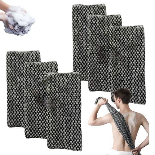 Serviette De Douche Exfoliante Ecovia - Gant de Gommage Naturel en Fibre de Bambou et Charbon, Exfoliation Douce pour le Corps (Noir*6PCS)