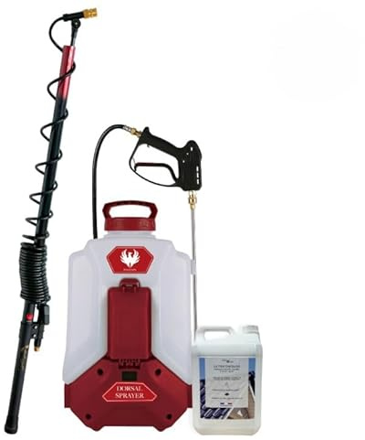 PHOENIX - Dorsal Sprayer Evo | Pulverisateur Electrique 16L + Anti-Mousse Bidon de 5L/10/20L + Perche Telescopique Evo 5,4m + Jeu de 5 Buses, Idéal pour Nettoyer Les mousses (Antimousse 10L)