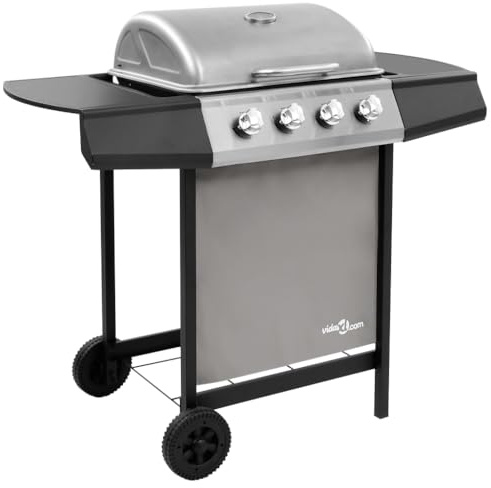 Mokuyary Gasgrill mit 4 Flammen Schwarz und Silbern, BBQ Gas Grillwagen, Mobiler Grillrost Grill für Garten, Camping, Outdoor