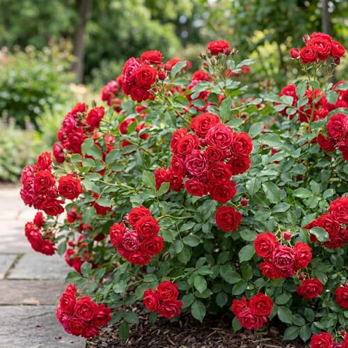 Green boutiQ - Garten Rose - Rosa Rote The Fairy - Rose - Winterhart - Rot - 3 Pflanzen - Topf 12cm - Höhe 20-25cm