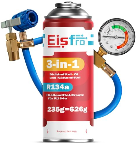 Eisfro - Sostituto del fluido refrigerante R134a 3 in 1 – Kit di ricarica per climatizzatore auto da 235 g con tubo e manometro – ECO
