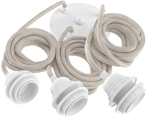 Hoopzi Hang Suspension Luminaire 3 Ampoules Câble en Lin 2,5m | Douille E27, Pavillon en Acier, Compatible DCL, Chambre, Salon, Cuisine, Couleur Lin Naturel