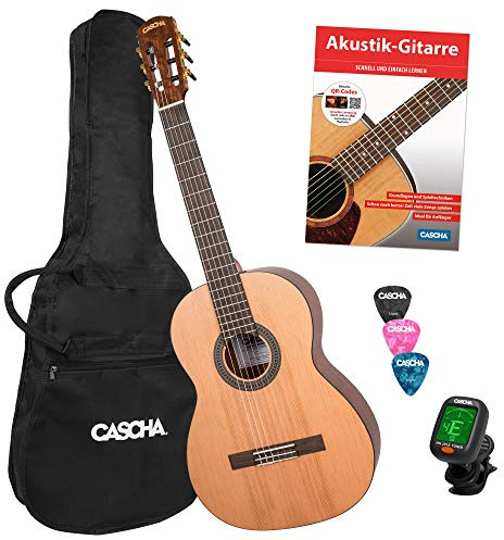 CASCHA 4/4 - Set de guitarra de concierto para principiantes (incluye libro de instrucciones, afinador, funda, 3 púas, guitarra infantil clásica , cuerdas de nailon), marrón