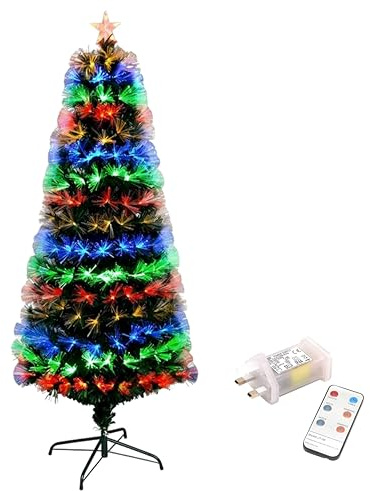 3Ft/90cm Fibre Optic Pre-Lit Christmas Tree with Remote Control - Multicolour LED, 8 Modes, Timer, Adjustable Brightness, Metal Stand, Easy Assembly Xmas Decoration for Home or Office