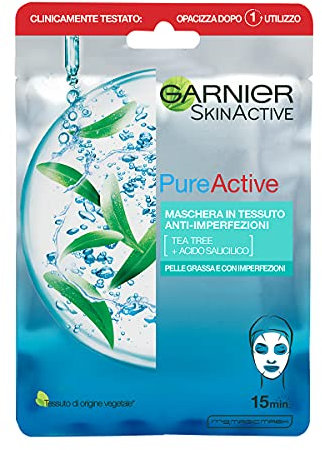 Garnier Pure Active Tea Tree & Salicylic Acid Sheet Mask, Mattfies Skin & Visibly Unclogs Pores In 15 Minutes, Dermatologically Tested