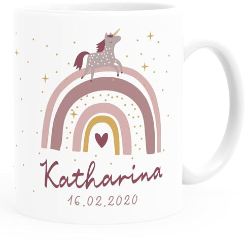 SpecialMe® Kindertasse Kunststoff Regenbogen Einhorn personalisierte Namenstasse Mädchen Weiss Kunstoff-Tasse