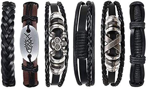 BRACO - Bracciale Heavy Metal » Rock » Punk - Confezione da 6 braccialetti in pelle intrecciata con teschio, bracciale retrò nero e marrone per uomo e donna