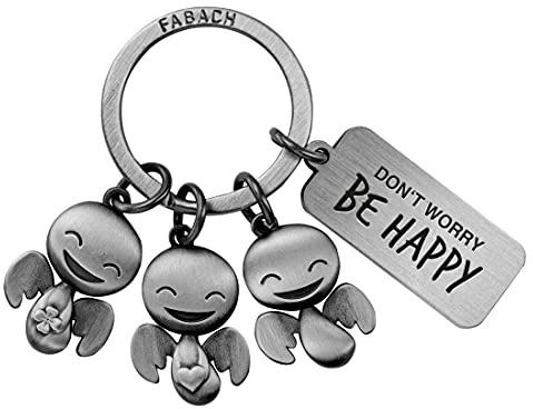 FABACH Schutzengel Schlüsselanhänger Happy-Trio mit Gravur - Glücksengel Geschenk Engel Glücksbringer Motivation - Don't Worry be Happy