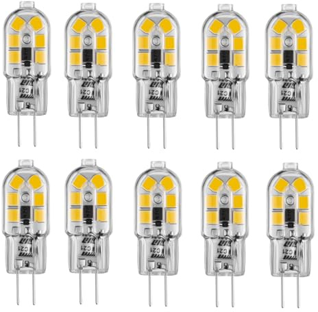 Sriomny G4 LED Bulbs 12V 2W [10-Pack] 3000K Warm White, 20W Halogen Replacement, 180LM - JC Bi-Pin Base for Bedroom, Chandelier, Cabinet Lights IP65 Waterproof
