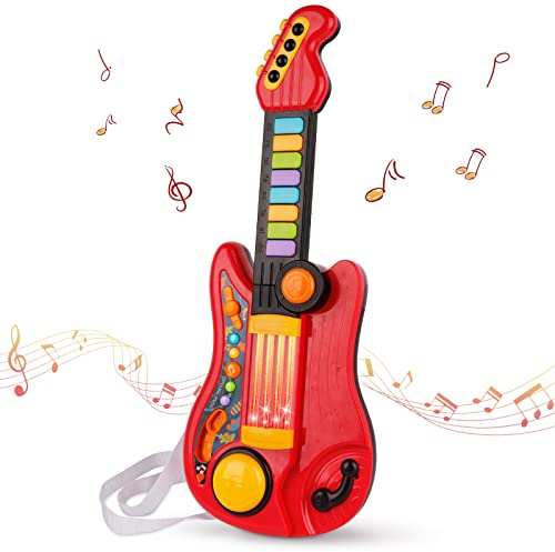 Kids Guitar 2 in 1 Musical Instruments for Kid - Fun Piano Toddler Toy & Electric Guitars | Explore Creativity | Unleash Child’s Talent, Music Toys for 2-4 Year Old Boys & Girls (Red)