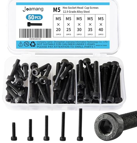 Joamang M5 x 20mm 25mm 30mm 35mm 40mm Hex Socket Head Cap Screws Bolts, 12.9 Grade Alloy Steel, Black Oxide Finish, Metric Allen Drive, Fully Threaded, Assortment Kit 50Pcs