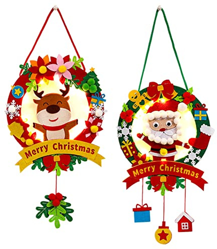 2 Stück Türdeko Weihnachten Filz DIY, Türkranz Weihnachten Außen LED, Bastelset Weihnachten Kinder, Weihnachten Basteln Geschenke, Weihnachtsdeko Amerikanisch Weihnachtskranz Haustür (Elk Nikolaus)