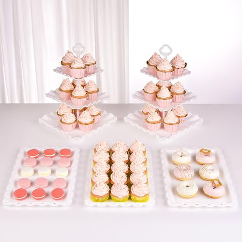 NWK 5 Piece Cake Stand Set with 2x 3-Tier Cupcake Stands + 3X Appetizer Trays Perfect for Wedding Birthday Baby Shower Thanksgiving Christmas New Year Party