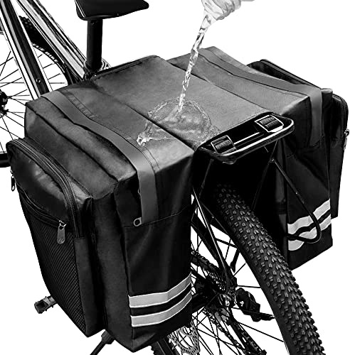 KLERICER Bike Rear Rack Double Pannier Bag, 30L Waterproof Bicycle Trunk Bag, Bike Pannier Bag with Reflective Trim, for Grocery Shopping Commuter Long Cycling Trip (Black)