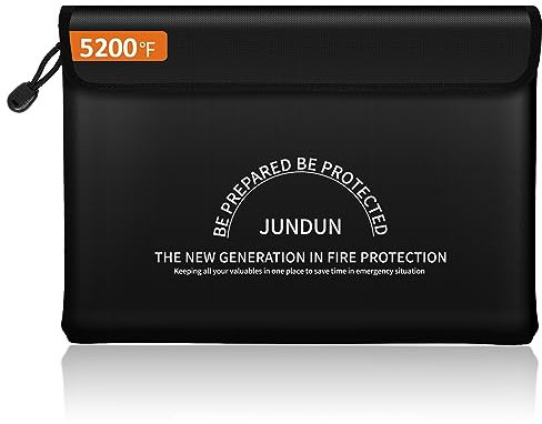 JUNDUN Fireproof Document Bag with 5200℉ Heat Insulated,14.0”x10.4” Waterproof and Fireproof Money Bag,8 Layers Thickened Fire Safe Storage Bag Pouch with Zipper for Document,Money and Cash