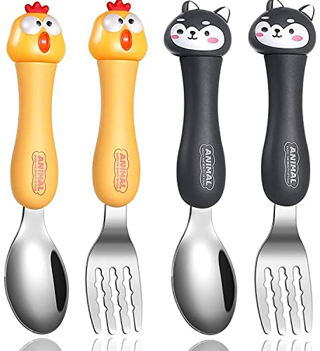 Baby Besteck, Witbicg Baby Besteckset Lernlöffel Kinderbesteck Besteck Baby Löffel Selber Essen, Kinder Löffel Und Gabeln Selbsternährend, Niedlicher Cartoon-Griff Löffel Selber Essen (Schwarz Gelb)