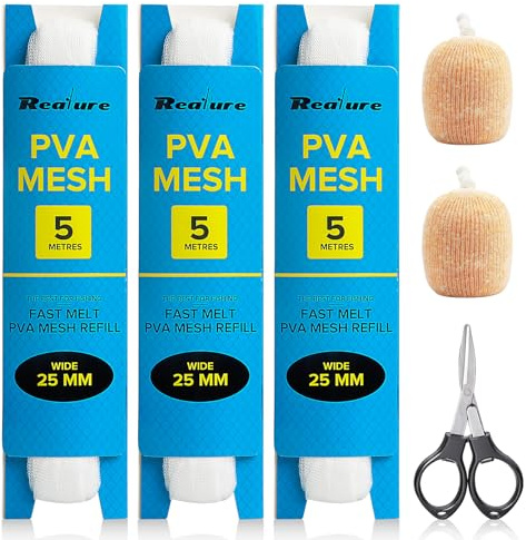 Realure 3 Stück 5M PVA Beutel Angeln, PVA Netz Angeln 18mm 25mm 37mm 44mm | Schnell Schmelzend Pva Bags, 4 Größen Breit Pva Mesh, mit Schere, für Boilie Köder Futter, Dosenmais, Pellets Angeln