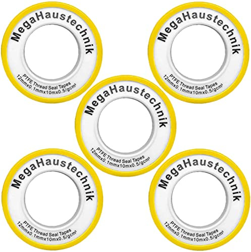 MegaHaustechnik 5 Rollen Gewinde-Dichtband aus Teflon je 12 Meter lang, Breite 12mm, Stärke 0,1mm zum Abdichten, Trinkwasser geeignet, PTFE Band Gas Sanitär Heizung Leitung Rohr 5er Pack