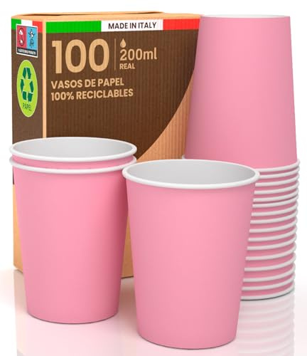 Baciato Caffè 100 Stück Papierbecher 200 ml - umweltfreundlich, Rosa | Einwegbecher zum Mitnehmen von Kaffee für heiße Getränke, Abbaubar, Biologisch