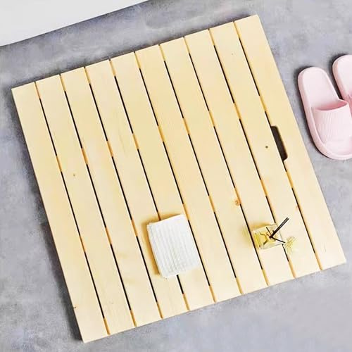 KDDEON Natürliche rutschfeste Holz Badematte,Bambus Badematte mit Griff-/Lattenrost-Design,Duschmatte Badvorleger aus Holz,Entenbrettmatte,für Duschtüren,Sauna,Badewanne,Küche (30x30cm/12x12in)