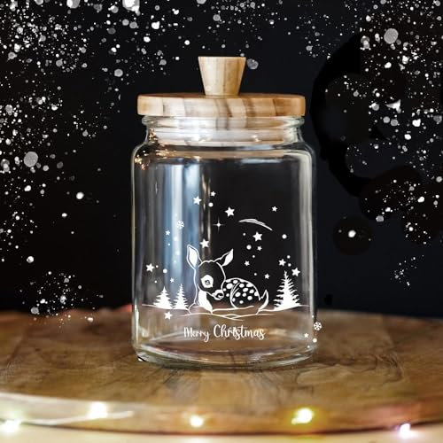 ilka parey wandtattoo-welt Keksglas Keksdose Vorratsglas mit lustigen Spruch und Holzdeckel Geschenk personalisierbar Reh Merry Christmas Weihnachten glkh06