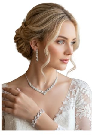ONDEGO® Schmuckset Damen Silber – 3-teiliges Strass Collier Halskette Ohrringe & Armband – Elegantes V-Schmuck Set für Hochzeit Abiball Jugendweihe Kommunion Ball