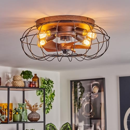 HOFSTEIN Deckenventilator Wemude, Ventilator aus Metall/Kunststoff in Schwarz/Holzoptik mit Fernbedienung u. Auf-/Abwind-Funktion, Deckenleuchte 4-flammig Ø 50 cm, 4 x E27, drei Stufen