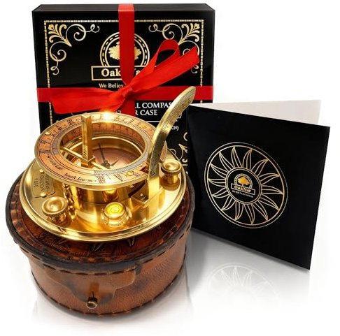 OakiWay Brass Sundial Compass in Leather Case - Nautical Gifts for Men, Antique Sailing Anniversary Vintage Gifts, Unusual Unique Nautical Decor, Naval Maritime Pocket Watch Clock (4.1 Inch)
