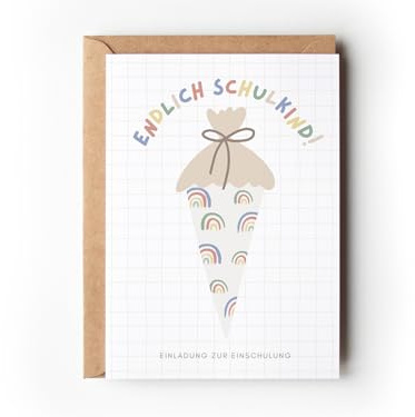 10 Einschulung Einladungskarten mit Schultüten-Motiv und Umschlägen, Boho Regenbogen Einladung für Schulbeginn Mädchen Jungen, Partyeinladung 1. Schultag, Schulstart Schulkind (Schultüte Regenbogen)