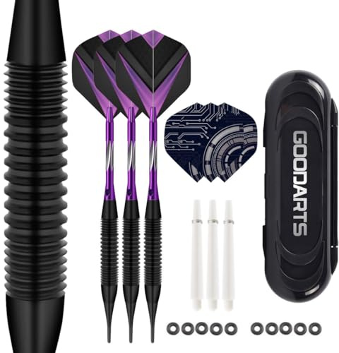 HRLORK Juego de 3 dardos profesionales de plástico de punta suave, ejes de aluminio, con 3 ejes de repuesto blancos y funda para dardos, color morado