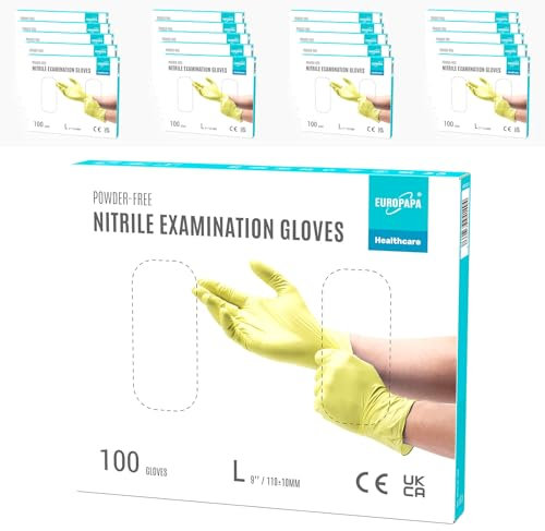 EUROPAPA® 2000 Stück (20x100) Nitrilhandschuhe Box Einweghandschuhe, Einmalhandschuhe, Untersuchungshandschuhe, puderfrei, ohne Latex, unsteril, latexfrei, disposible gloves (L, Gelb)