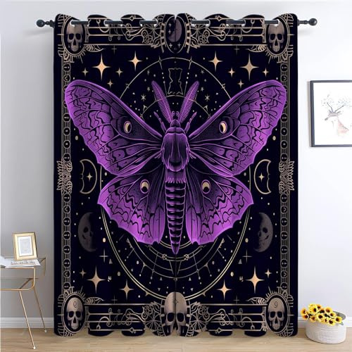 Blackout Curtains for Bedroom Gothic Style Purple Butterfly Skull Theme Grommet Curtains Thermal 2 Panels Drapes Super Soft Noise Reduce Curtains for Kids and Adults Playroom Decorations 92 x 90 in