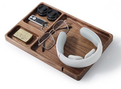 SEEDWAVE Nussbaum-Ablageschale, EDC Desk Organizer mit Kabeldurchlass, Taschenentleerer für Handy, Uhr, Geldbörse, Schlüssel und Schmuck