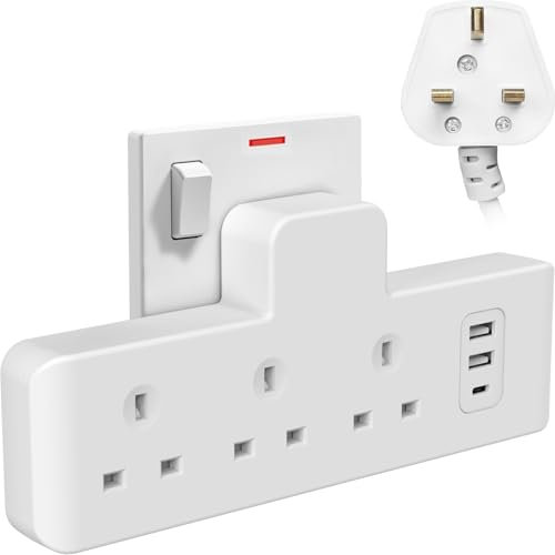 Thorder Plug Extension Socket, Plug Adaptor 3 UK outlets with 2 USB 1 TYPE C, Wall Mountable Socket Power Strip Extender，Protected Multi Plug Adapter Plug Extender UK 13A