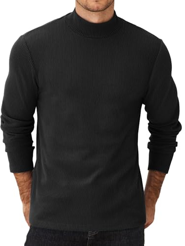 COOFANDY Camiseta Térmica de Manga Larga para Hombre - Medio Cuello Alto, Slim Fit, Básica de Otoño e Invierno, Monocolor Negro-Cuello Alto L
