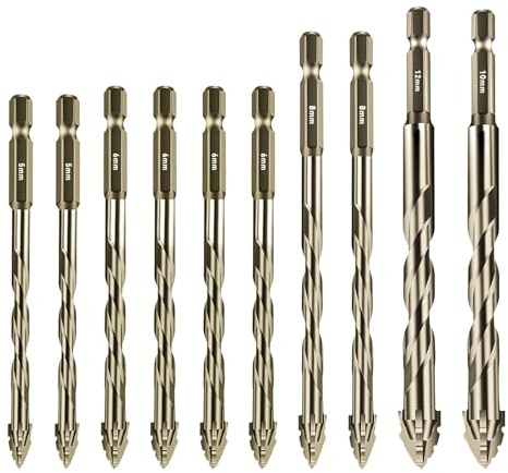 cimsfcor New Four Flute Sawtooth Eccentric Drill Bit, High Strength Eccentric Twist Drill Bit Set with 6.35mm Hexagonal Shank for Wood Marble Metal Glass Wall Tile (Yellow,5/5/6/6/6/6/8/8/10/12MM)