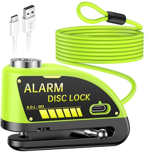 Motorbike Alarm Disc Brake Lock Rechargeable, Motorcycle lock with 120dB Aarm, High Security Disc Lock with 1.8M Reminder Cable, Motorcycle Anti-Theft Disc Lock for Bicycles Bike Moped Vespa Motocross