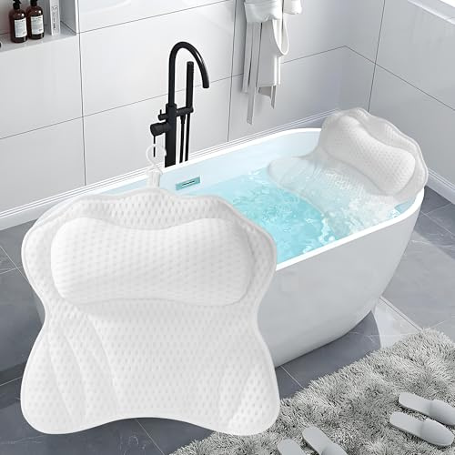 Cuscino vasca da bagno, Antiscivolo bagno con tecnologia 4D Air Mesh e 6 ventose, supporto testa, collo spalle, adatto spa (Bianco)