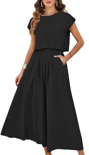 Mingzhu Dam 2-delad klädsel kjol set sommar casual keps ärm magtröja maxiklänning set med fickor, Svart, XL