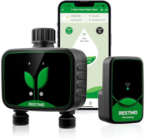RESTMO WiFi-Bewässerungscomputer, programmierbare Wasserzeitschaltuhr für die Gartenbewässerung, 3 Bewässerungsmodi, geeignet für Außenwasserhähne und Rasenbewässerungssysteme, 2 Zonen