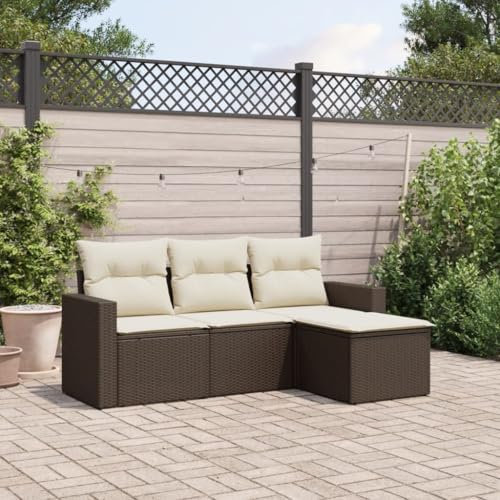 IKAYAA 4-TLG Rattan Gartenmöbel Set mit Stauraum Gartenlounge Balkon Lounge Gartenmöbel Klein Rattan Sofa Balkon Ecklounge Gartensofa Ecksofa Loungemöbel Terrasse-Braun und Creme Type-27