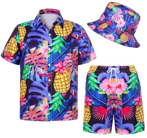 Angenster Lot de 3 chemises hawaïennes pour homme - Tenue de festival hawaïenne - Avec chapeau de pêcheur - Chemise hawaïenne - Chemise d'été pour homme - Flamant rose - Chemise de plage - Sans plis