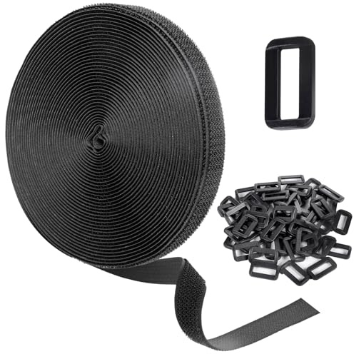 10m Adjustable Cable Straps with 50 Buckles, Free Cut Length, Black Reusable Fastening Cable Ties, Hook and Loop Securing Strap for Cable Tidy, Wire Management, Cord Organiser (2cm x 10M)